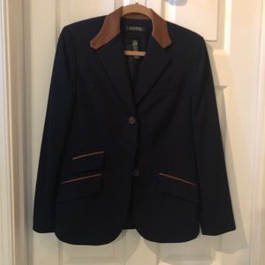 Ralph Lauren Blue wool blazer, tan leather trim